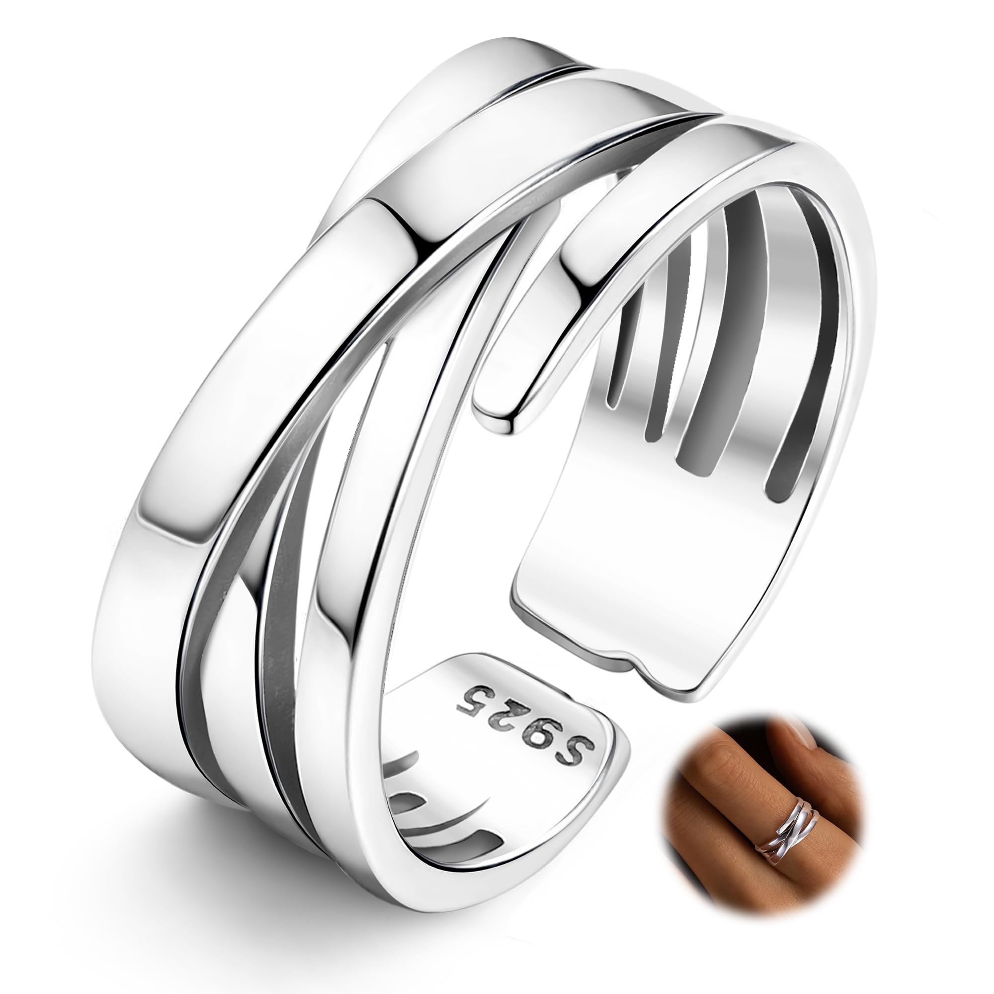 Anelli Argento 925 Regolabili ALEXCRAFT - Fascia 2/4/5/10/15mm Per Uomo E Donna, Design Aperto - Foto 6