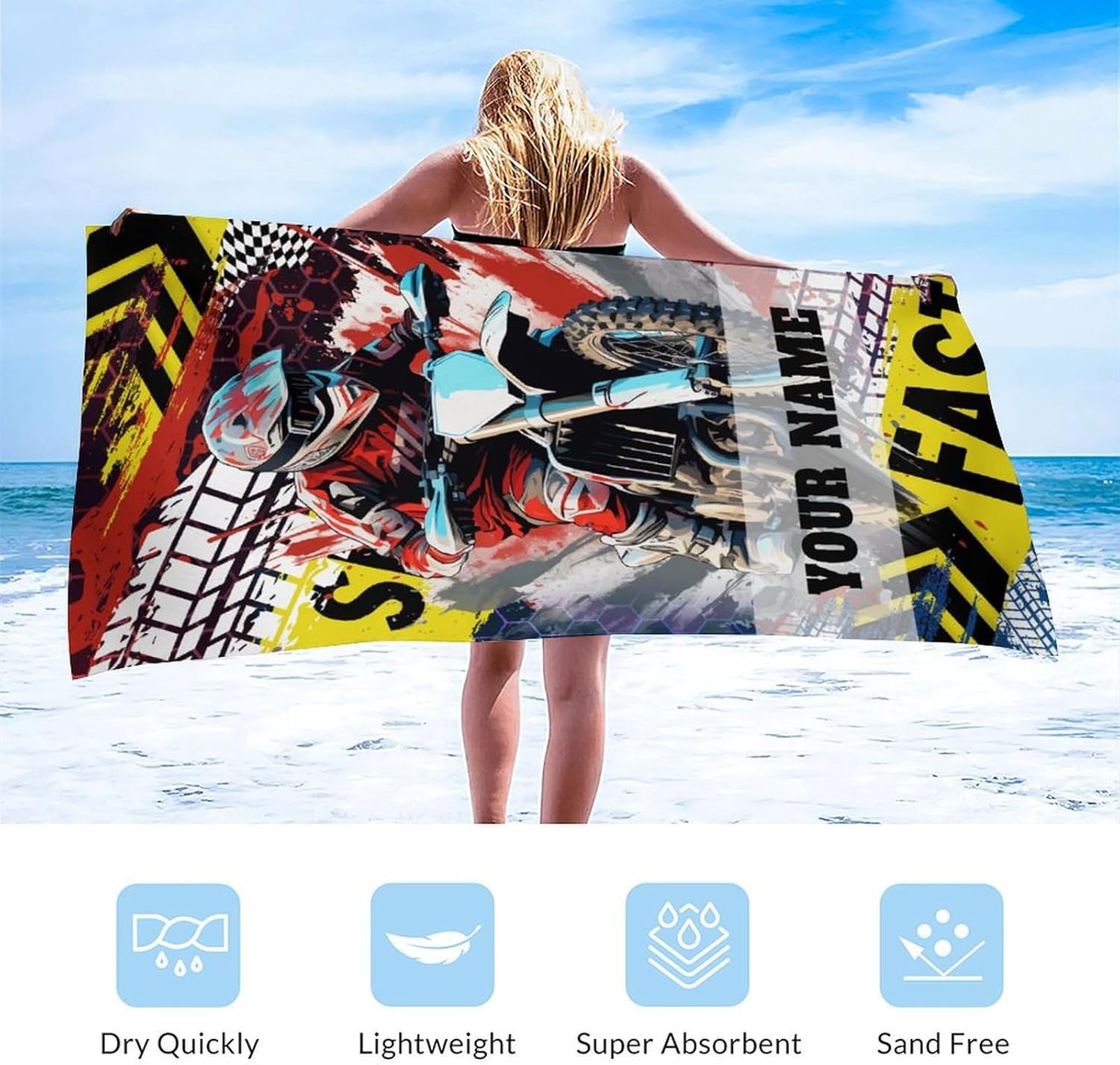 Beach Towel for Adults - Personalized Motorcycle Microfiber Quick Dry Bath Towels - 40" x 70" Oversized Sandless Beach Essentials for Travel, Pool & Pet
