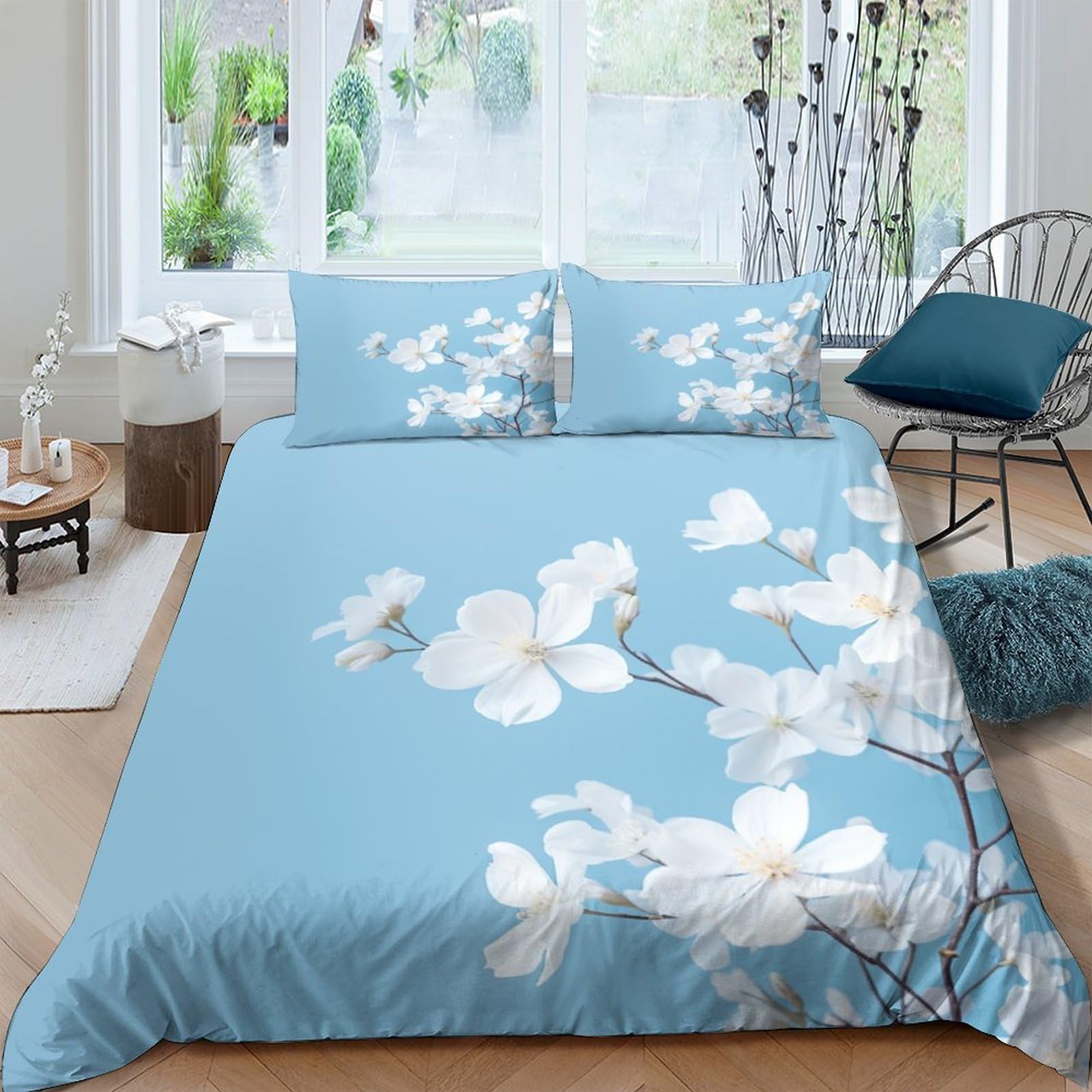 Housse de couette sans repassage IOFEER parure de lit anti-plis imprimé fleurs blanches
