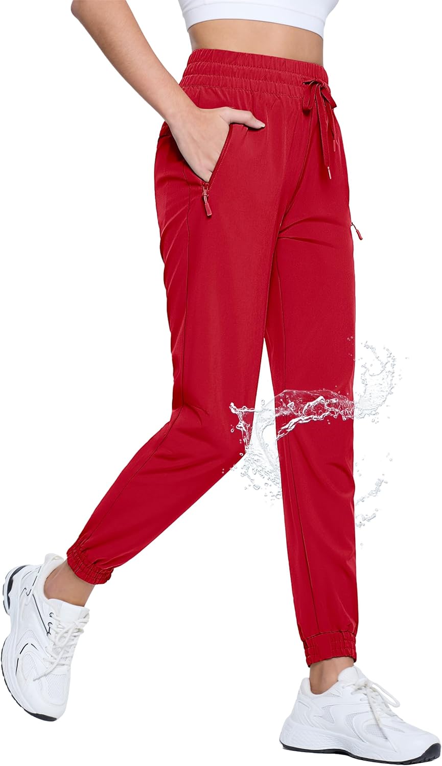 TACVASEN Women's Joggers with Pockets Lightweight Quick Dry Hiking Pants Athletic Travel Workout Running Outdoor Red S