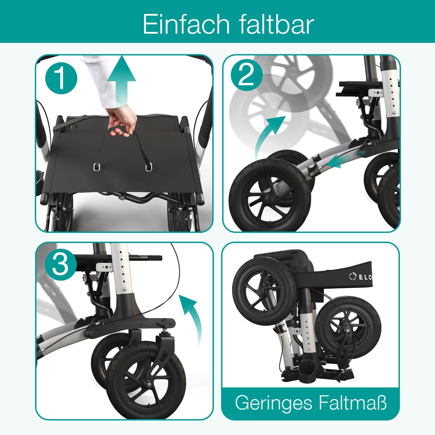 ELONEO Rollator faltbar und leicht mit Sitz, Outdoor Rollator mit Luftbereifung inkl. Sitzfläche, Rückengurt, höhenverstellbare Gehhilfe aus Aluminium inkl. Tasche und Stockhalter Silber