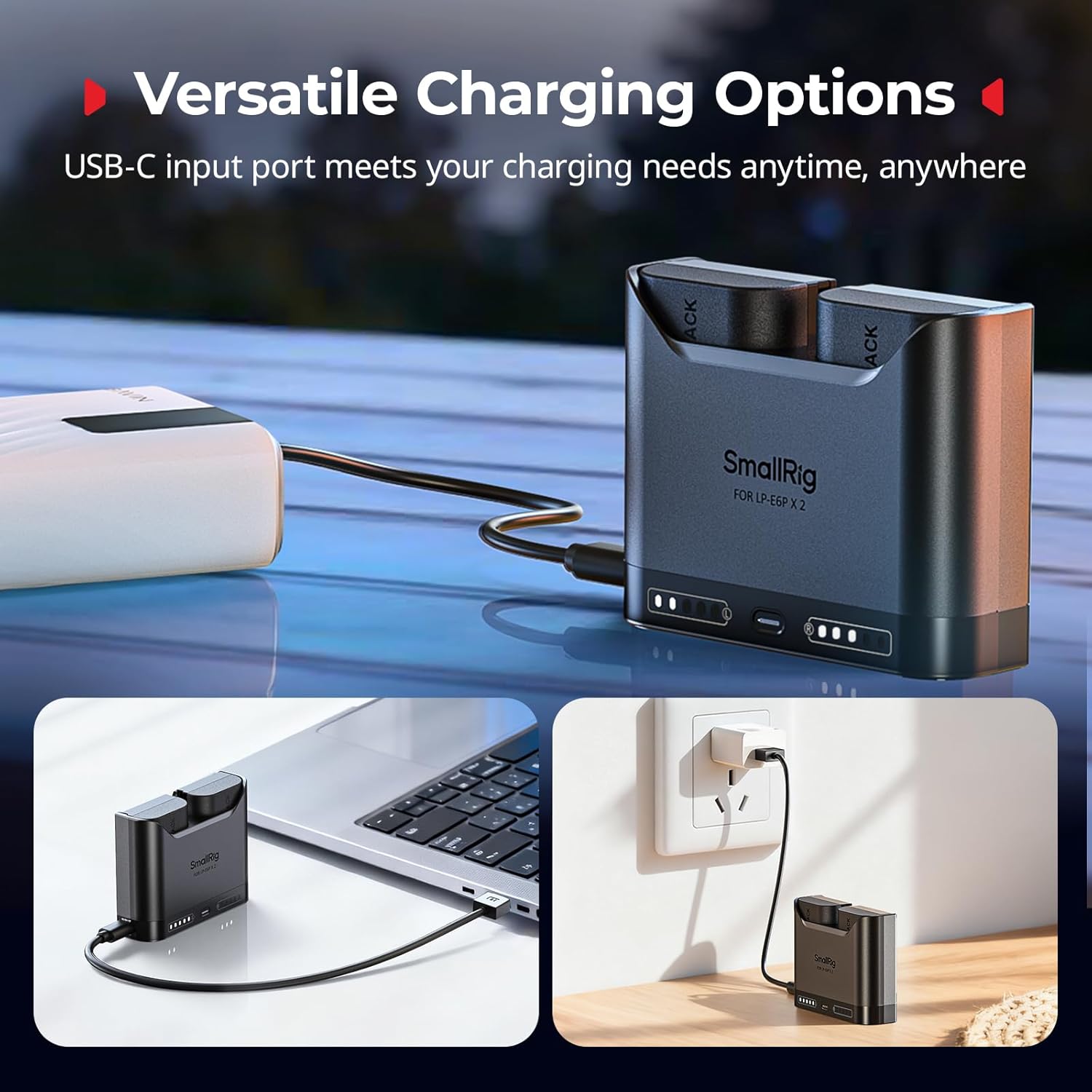 SMALLRIG charger connected to a power bank, laptop, and wall adapter, demonstrating versatile USB-C charging options.