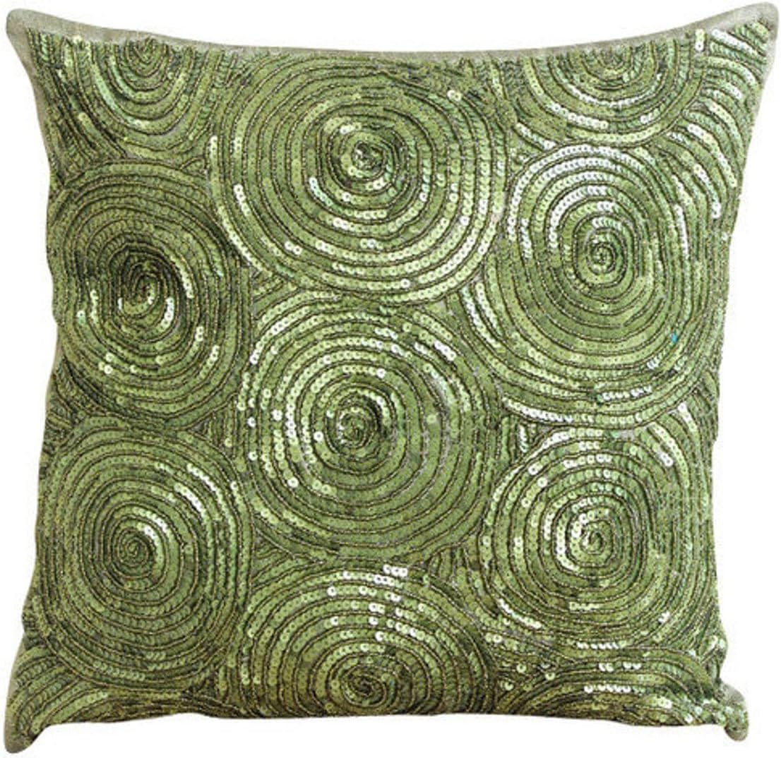 The HomeCentric Cushion Cover Sofa, Green Euro Pillow Covers 26x26 inch (65x65 cm) Silk Euro Pillow Shams, Circles & Dots, Illusion, Sequins Embellished, Modern Euro Sham Covers - A Touch of Envy