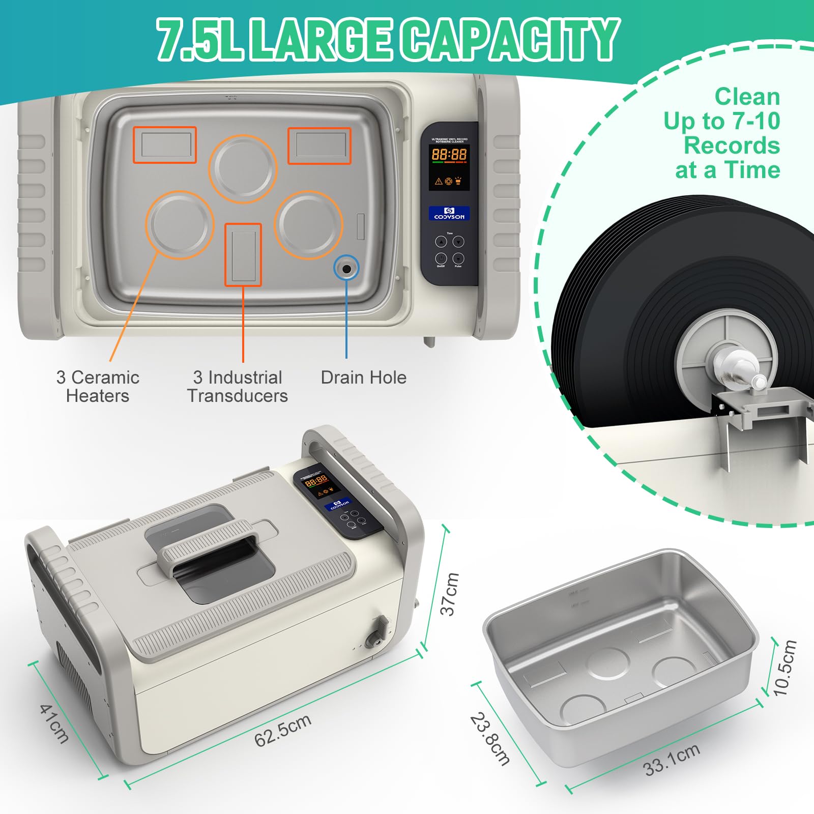 LifeBasis Limpiador Ultrasonidos 7.5L Limpiador de Discos CD-4875 35kHZ 410W con Temporizador y Calentador para Placas de Circuito Discos de Vinilo Equipo de Laboratorio Componentes Industriales