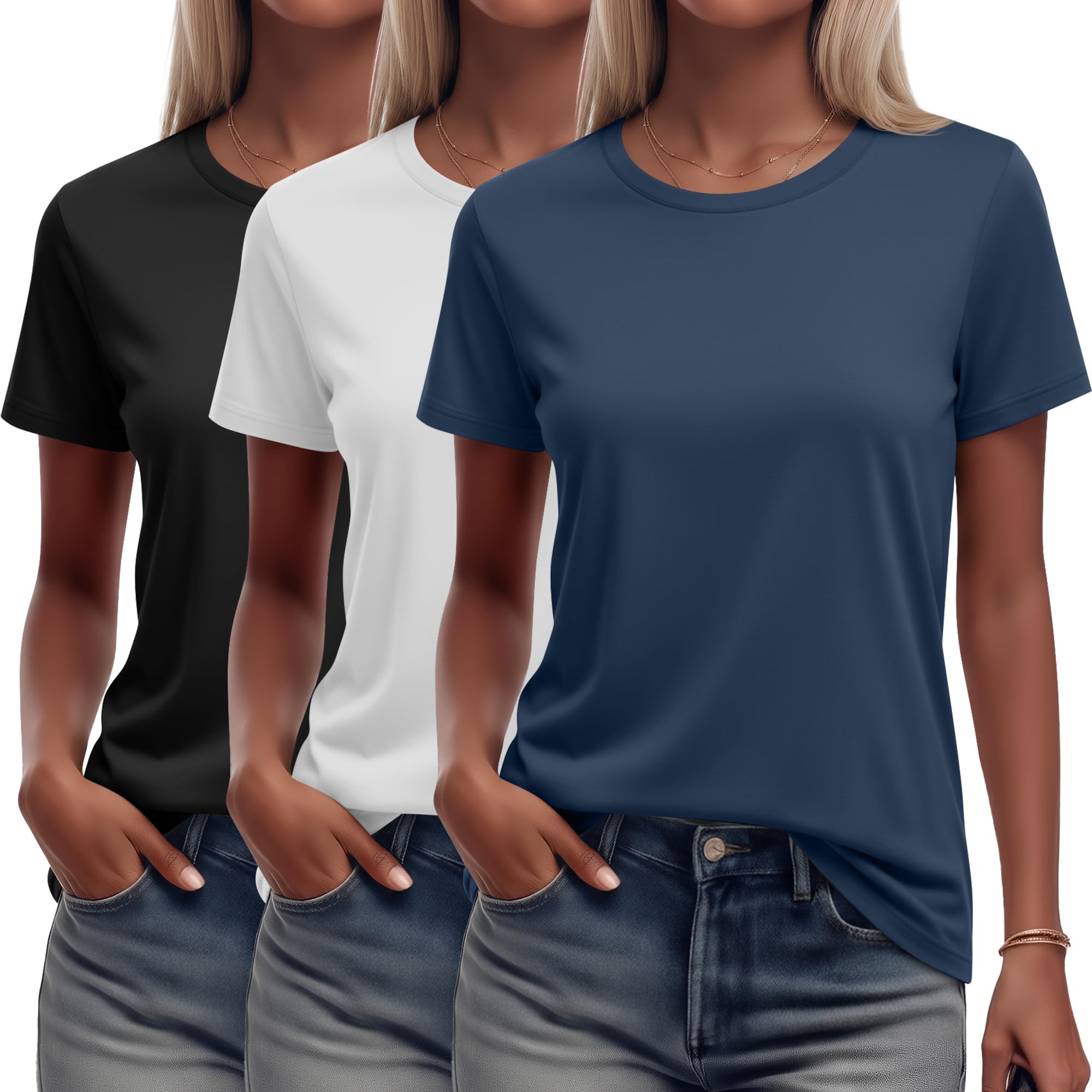 Ficerd Women's 3 Pack T Shirts Summer Casual Trendy Loose Fit Short Sleeve Crew Neck Tops Basics Workout Outfit Tee
