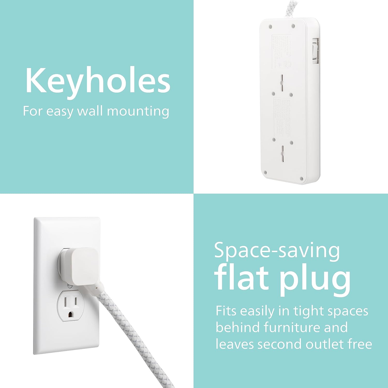 Philips 6-Outlet Surge Protector with Multiple Outlets, 8 Ft, Braided Cord,1080 Joules, Adapter-Spaced, White, SPC6066WB/37