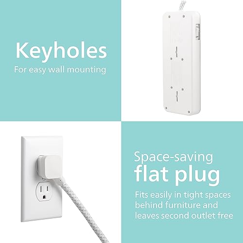 Miniatura 6 de Philips Accessories EZFit - Protector de sobretensiones de 6 tomas, cable de extensión trenzado de 8 pies, enchufes ampliamente espaciados, 1080