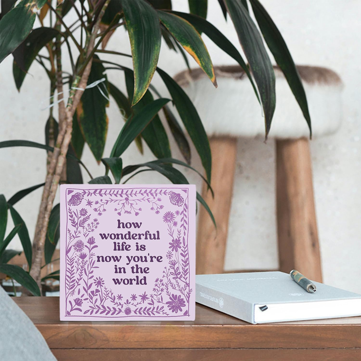 How Wonderful Life Is Now You're in the World Wood Box Sign 5×5 Inches, Boho Floral Wood Sign for Nursery Kids Boy Girl Newborn Teen Bedroom Home Desk Tabletop Shelf Decor image 3