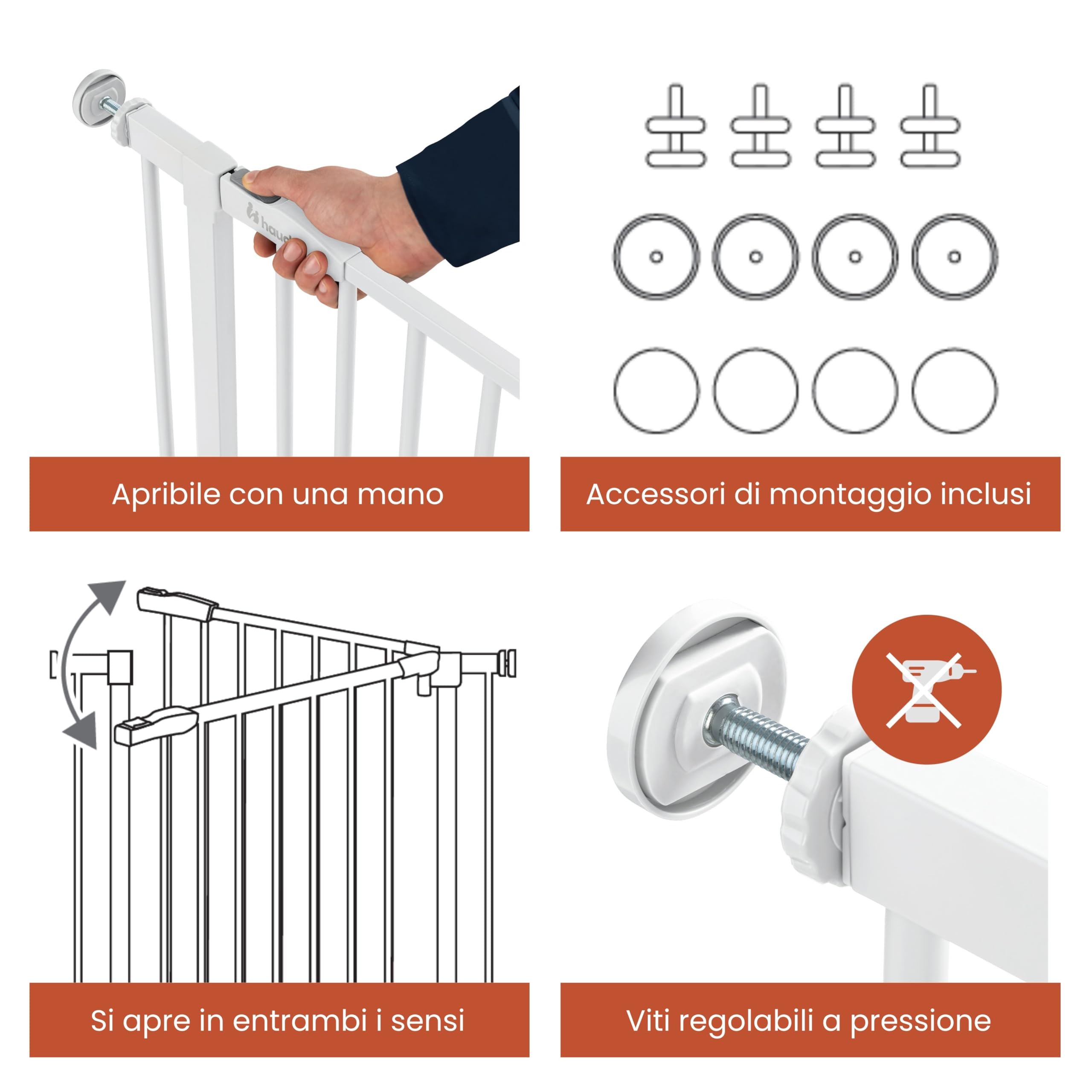 hauck Clear Step 2 + Estensione da 9 cm, Bianco - Cancelletto per Bambini Cani, Larghezza Regolabile da 84 a 89 cm, Alto 77 cm, Base Piatta, Apribile con una Mano in Entrambe Direzioni, per Interno