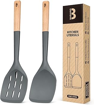 Pack of 2 Silicone Spatula, Non Stick Cooking Utensil Set Wooden Handle Kitchen Turner for Baking Mixing Grilling Serving Foo