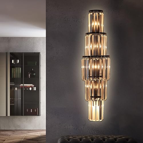 Miniatura 9 de DUNFIZZ Moderno aplique de pared de cristal contemporáneo de 29.5 pulgadas, 5 luces doradas para baño, dormitorio, sala de estar