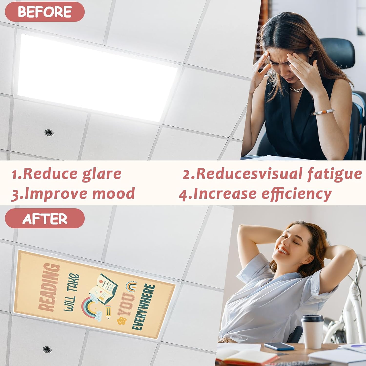 8 Pcs Fluorescent Light Covers with 60 Magnets Decorative for Classroom Ceiling Light 4 x 2 Feet Magnetic Light Covers Filter Easy Install for Office Hospitals & Home Drop Ceiling Supplies(Reading)