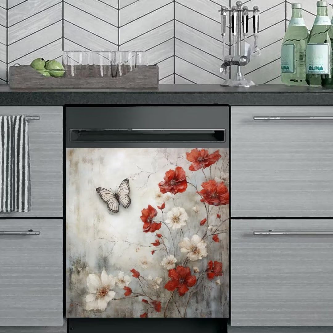 Rustic Farmhouse White and Red Flowers Magnetic Dishwasher Cover Vinyl Decal,Butterfly Kitchen Decor Dishwasher Magnet Cover,Refrigerator Magnet Sticker Appliance Cover Protector,23Wx26H Inches Farm Flowers 23 W x 26 H inches(Magnet Sticker)