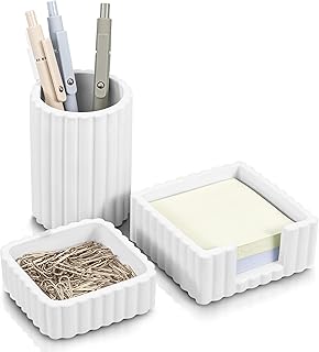 KIBAGA Modern Aesthetic Desk Accessories Set of 3 - Stylish Concrete Organizers for Pens & Office Supplies - A Cute and Functional Addition to Your Workspace Decor