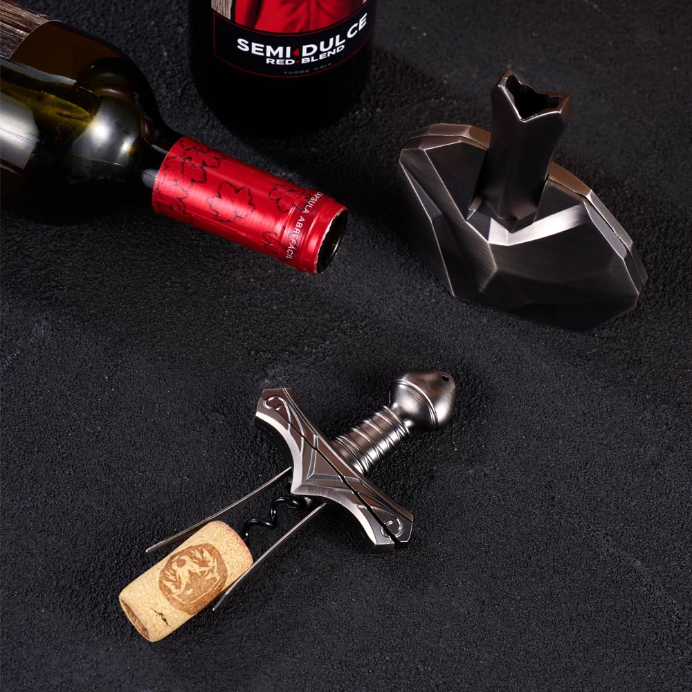 2-in-1-Weinöffner für alte und zerbrechliche Korken, Zweispitze Korkzug für gealterte Weine, Krümelfreie Korkenentfernung, Dekoratives Ornament des Schwertes im Stein.