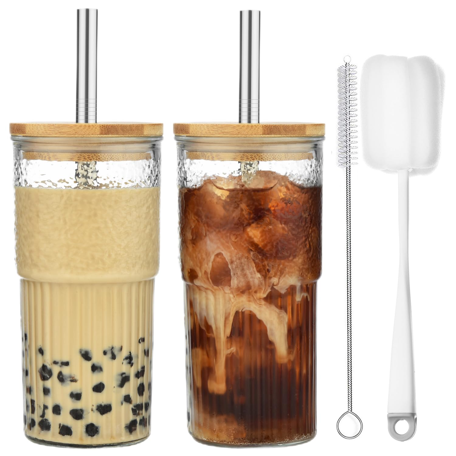ALINK Set Di 2 Bicchieri In Vetro Borosilicato Con Coperchio In Bambù E Cannucce In Acciaio Inox - 600 Ml, Rigati, Ideali Per Caffè Freddo E Tè