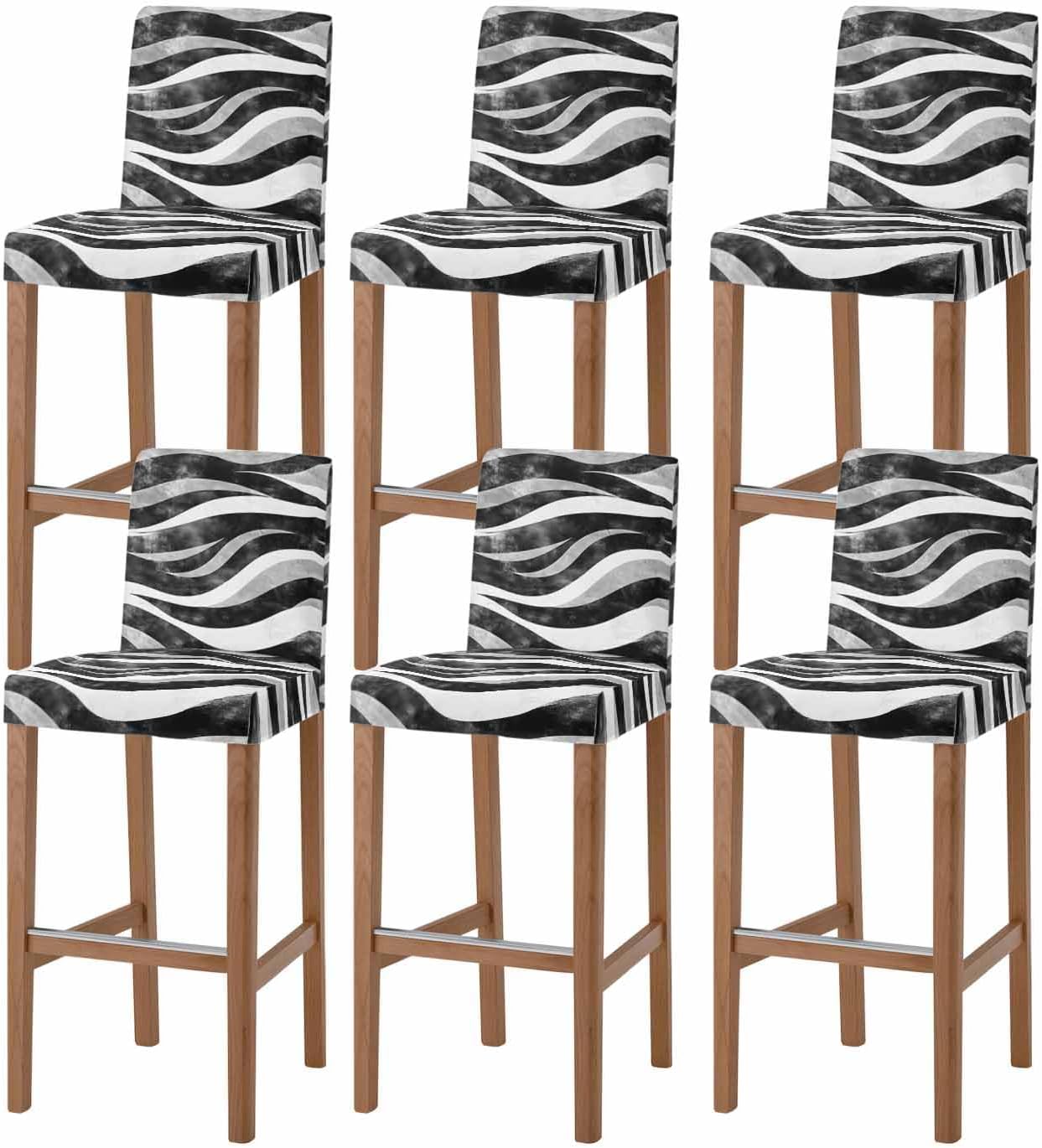 Black Waves Bar Stool Covers - Stretch Dining Chair Covers Set of 6, Ombre Sea Ripples Shabby Beach Bar Chair Cover Removable Counter Stool Pub Chairs Slipcovers Protectors for Kitchen/Cafe