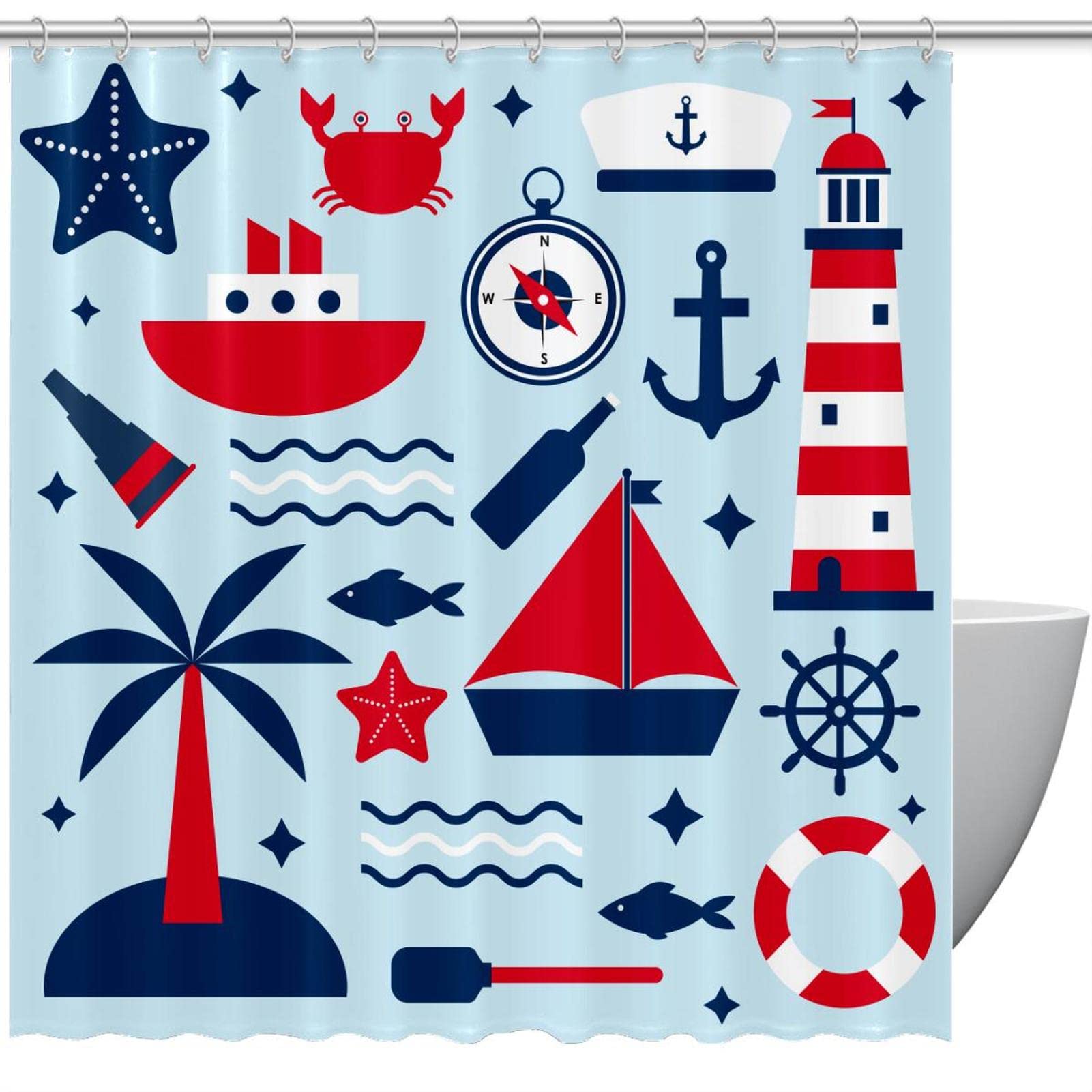 Tenda Doccia In Tessuto 180x180 Cm Con Tartarughe Marine E Polpo - Tema Mappa Nautica Vintage - Set Con Ganci