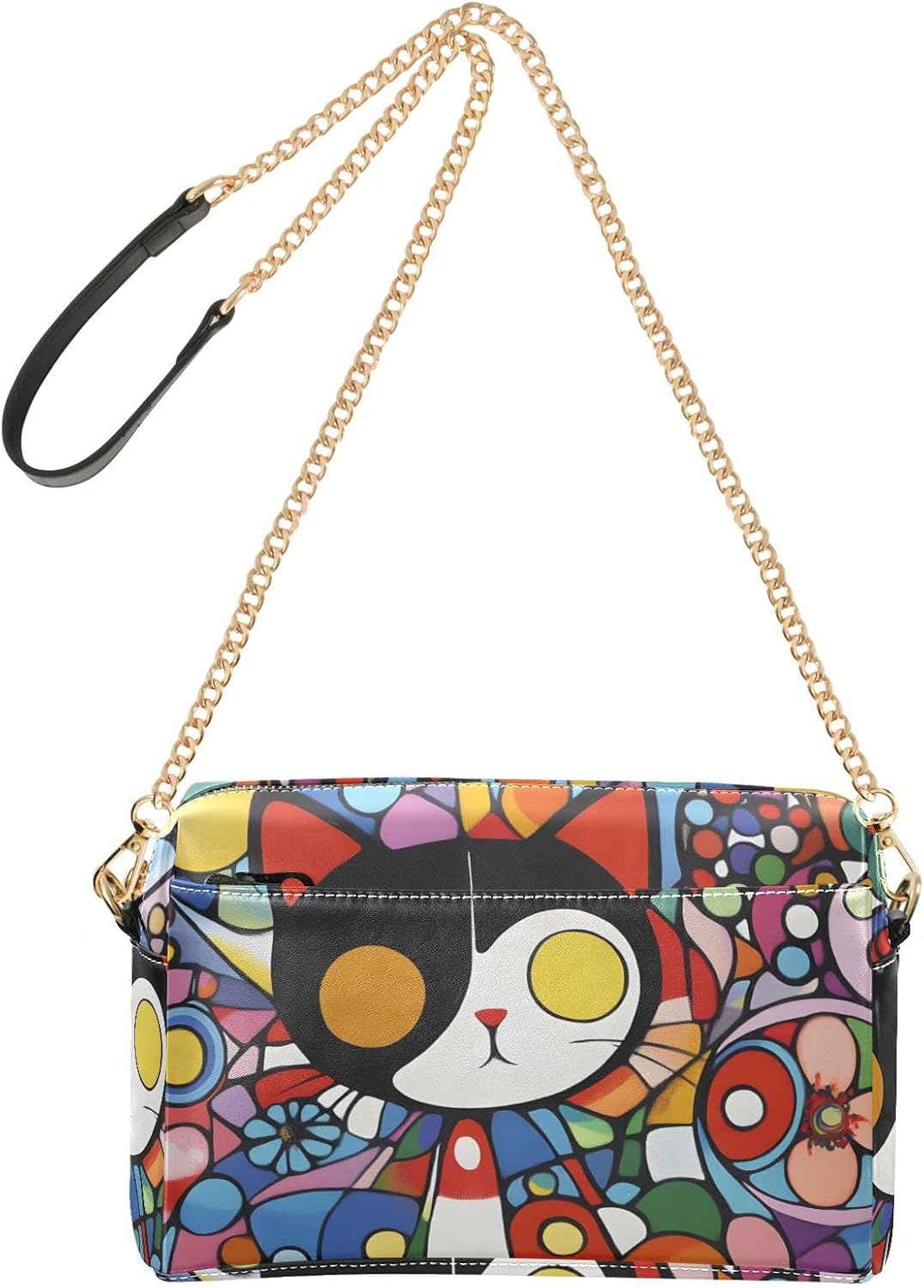 Women Crossbody Bag Shoulder Handbag Cellphone Purse Anime Cat Print, PU Leather Metal Chain Strap Water Resistant Zipper Closure