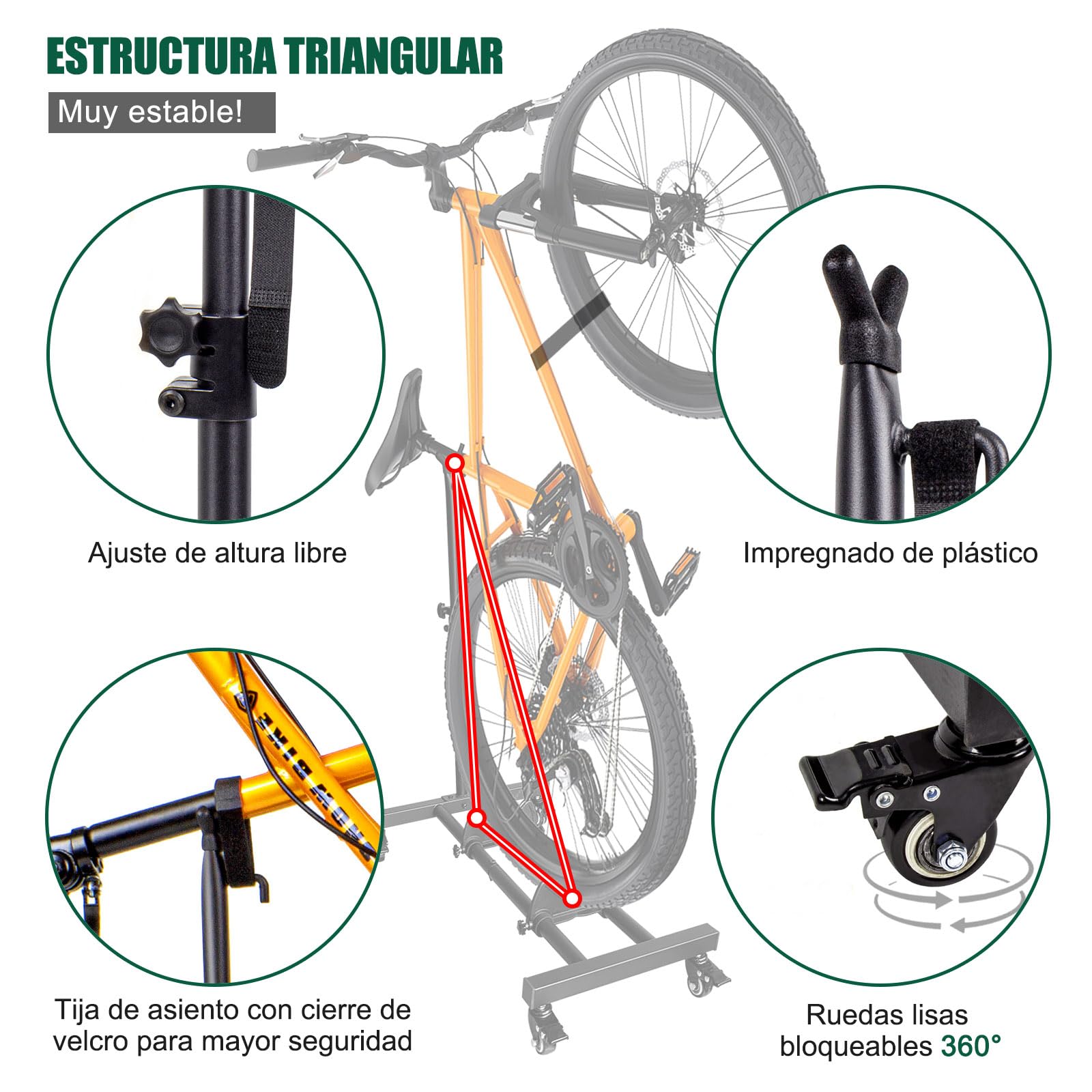 Mimoke Support vertical pour vélo - Support de sol pour vélo avec roues verrouillables, hauteur réglable, pour tous les types de vélos jusqu'à 4 pouces de largeur de pneu,