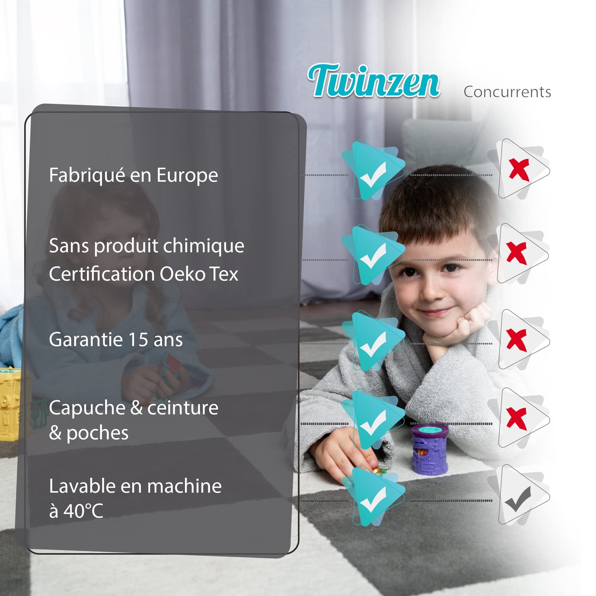 Twinzen - Peignoir Enfant Coton pour Fille et Garçon - 100% Coton OEKO-TEX® Sans Produits Chimiques- 2 Poches, Ceinture, Capuche avec Oreilles