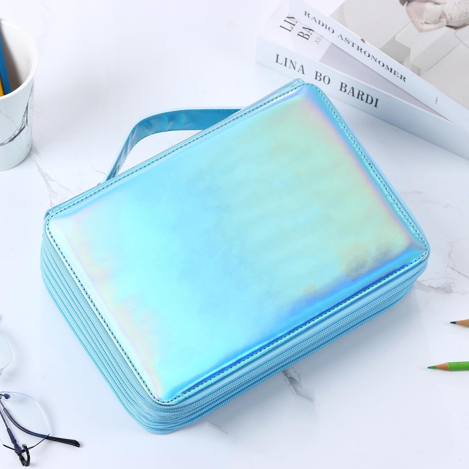 250 Slots Colored Pencil Case with Zipper Closure Pencils Bag Waterproof PU Leather Pen Organizer Storage Holder for Artist (Sky Blue)