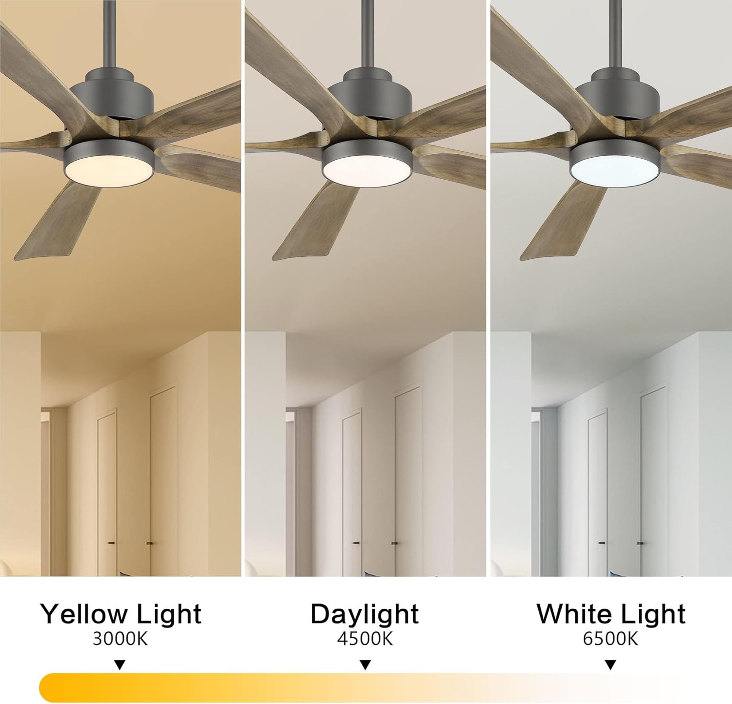 ELEHINSER 60" Modern Ceiling Fan with Light and Remote Control, 5 Solid Wood Blades 6-Speed Noiseless Reversible DC Motor, Ceiling Fan for Kitchen Dinning Living Room, Charcoal Finish with Wood Blades