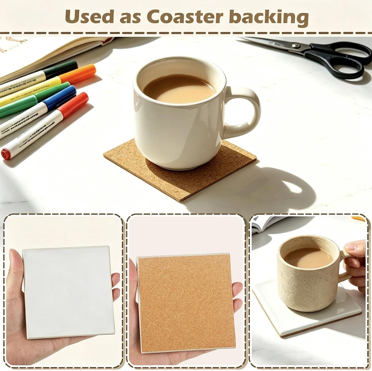 36Pcs 4 Inch Self Adhesive Cork Sheets, 2mm Thick, Thin Cork Tiles for Coasters Backing, DIY Crafts Supplies (Square)