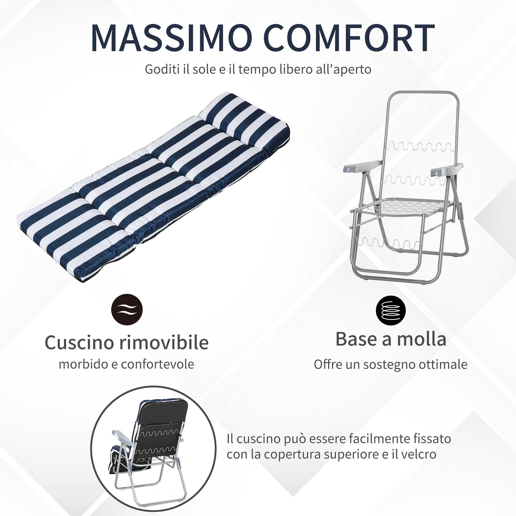 Outsunny Sedia Sdraio per Esterni da 2 Pezzi Pieghevole e Reclinabile, Lettino Prendisole con Cuscino Imbottito, Blu e Bianco