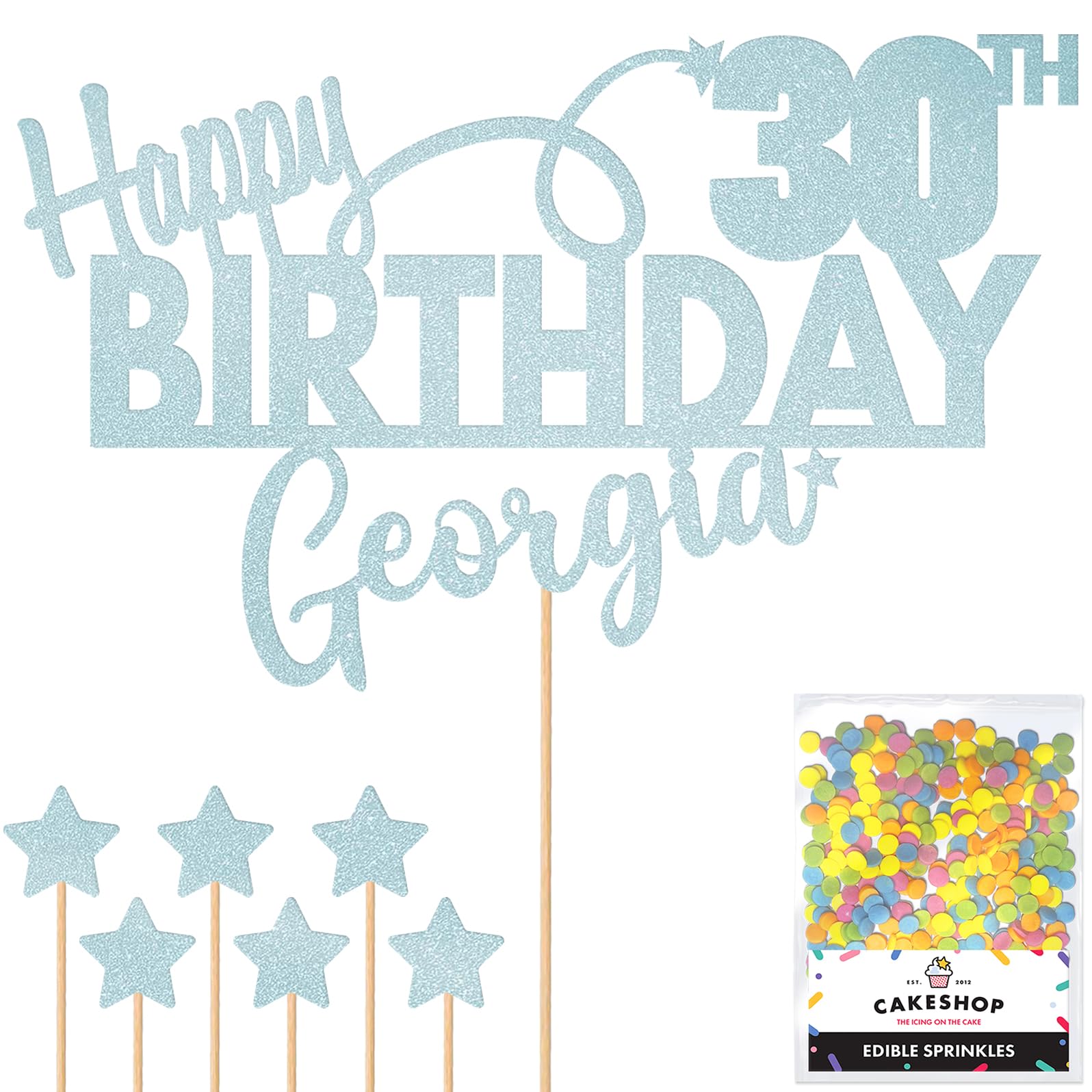Personalised Happy Birthday Glitter Cake Topper - Light Blue Any Name & Any Age Glitter Cake Decoration and Sprinkles - Happy Birthday Decorations - Personalised Toppers for Cakes by Cakeshop โ image 1