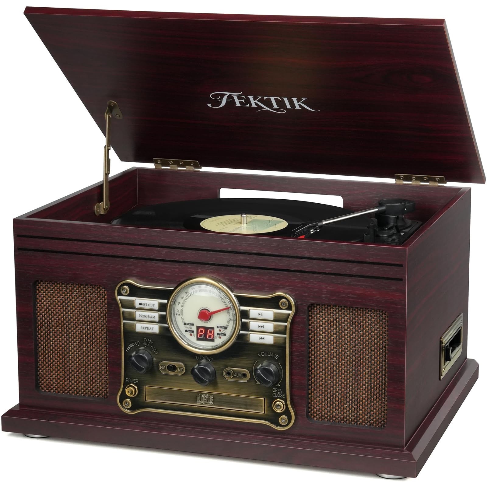 FEKTIK Bluetooth Record Player 10 in 1, 3-Speed Belt-Drive Turntable with Speakers, Bluetooth Input & Output, CD, Cassette, FM Radio, Wireless