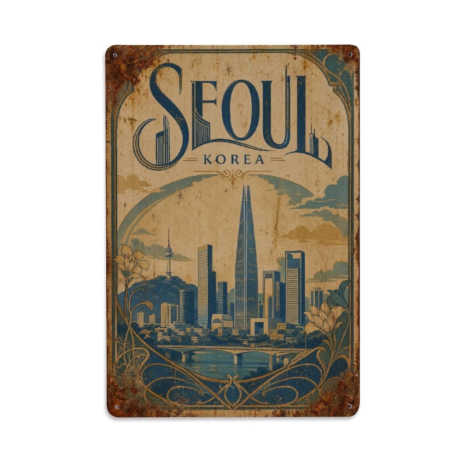 Vintage Seoul Korea Heritage City Skyline Travel Metal Tin Sign