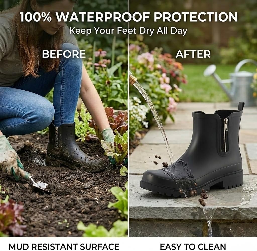 Ankle Rain Boots for Women, Cute Chelsea Women's Rain Boots Waterproof Outdoor Garden Shoes Non Slip Rubber Boots with Comfort Insole