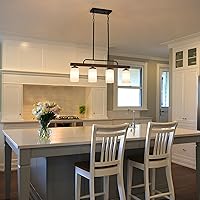 Vista 5 de Lámpara de comedor de granja sobre mesa, iluminación de isla de cocina de madera negra de 4 luces con vidrio blanco leche, lámparas colgantes