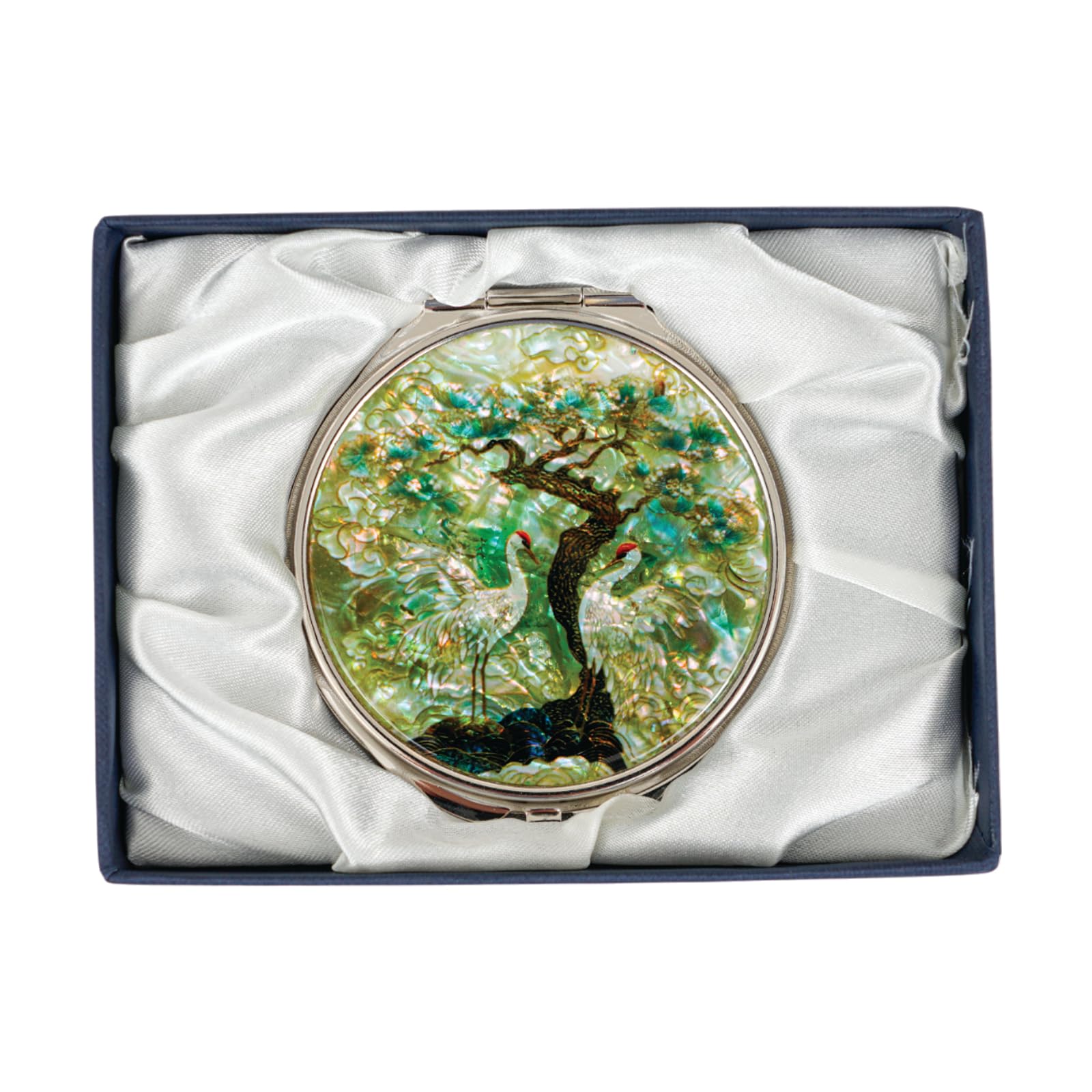 February Mountain Mother of Pearl Compact Mirror – Dual Magnification Gift for Women, Mom, Sister – Birthday or Christmas Idea (1, Green Crane)