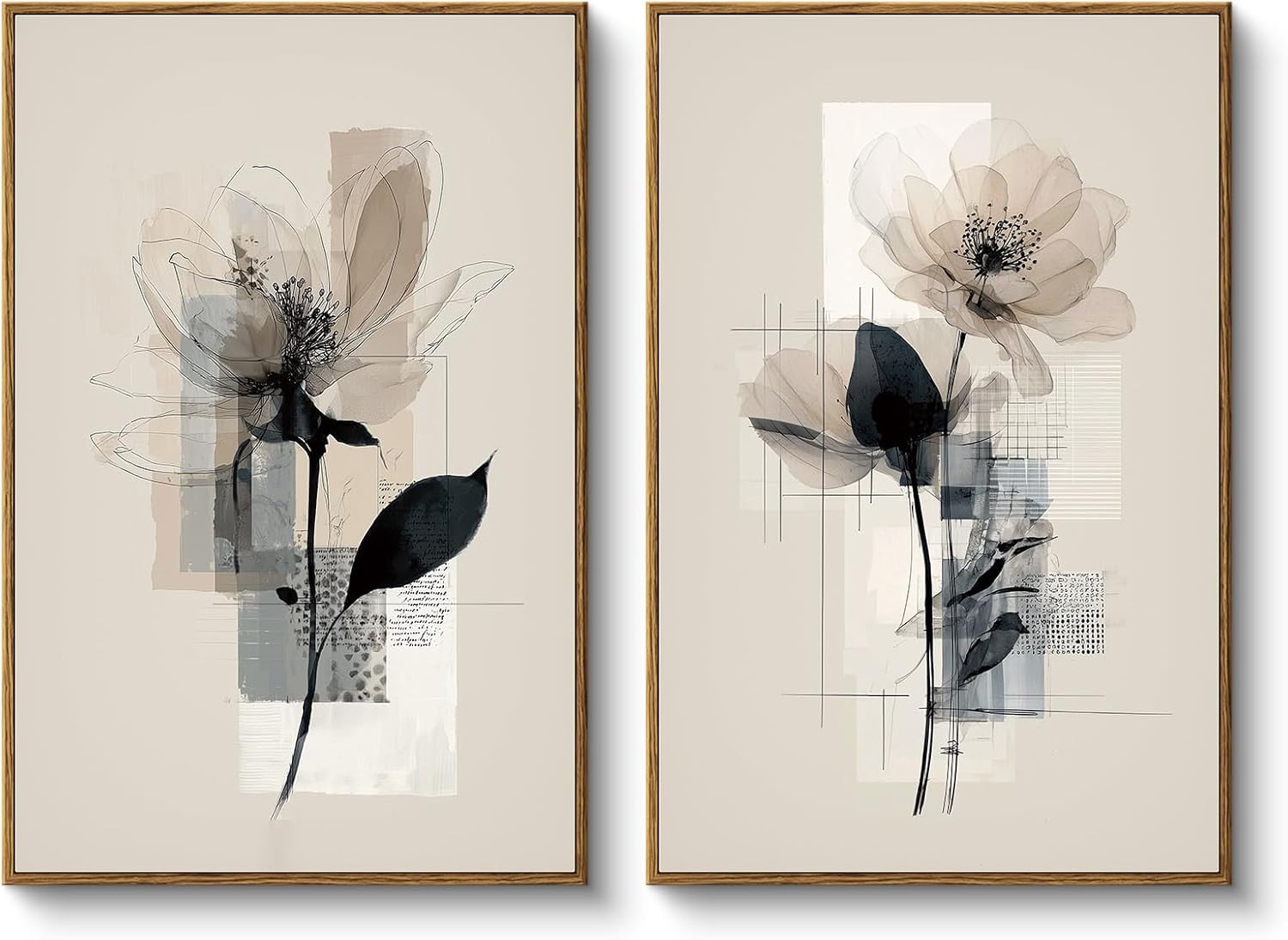 HUARCEY Large Modern Abstract Flower Wall Art Framed Canvas Set of 2, 16"x24" Minimalist Floral Paintings Artwork 2 Piece, Contemporary Neutral Tones Bedroom Living Room Kitchen Home Decor