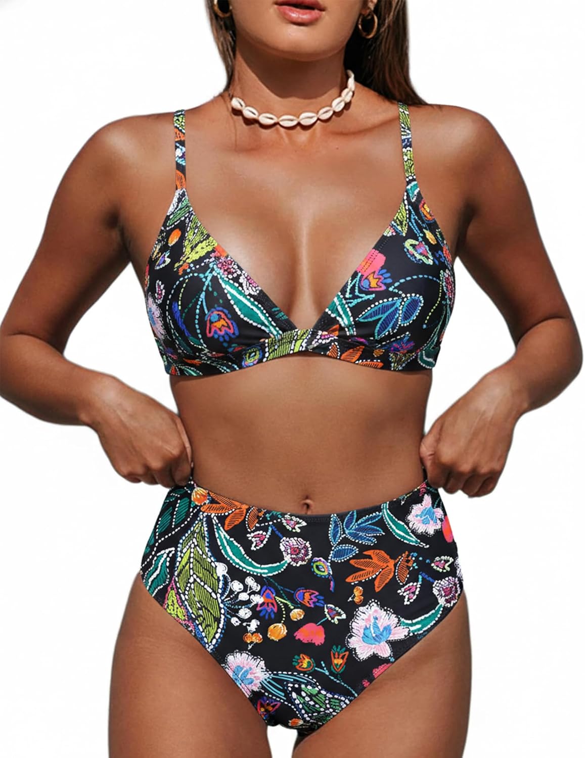 ZAFUL Bikini Sets for Women High Waisted Tummy Control Swimsuit V Neck Floral Print Bathing Suit 2 Piece High Cut Swimwear