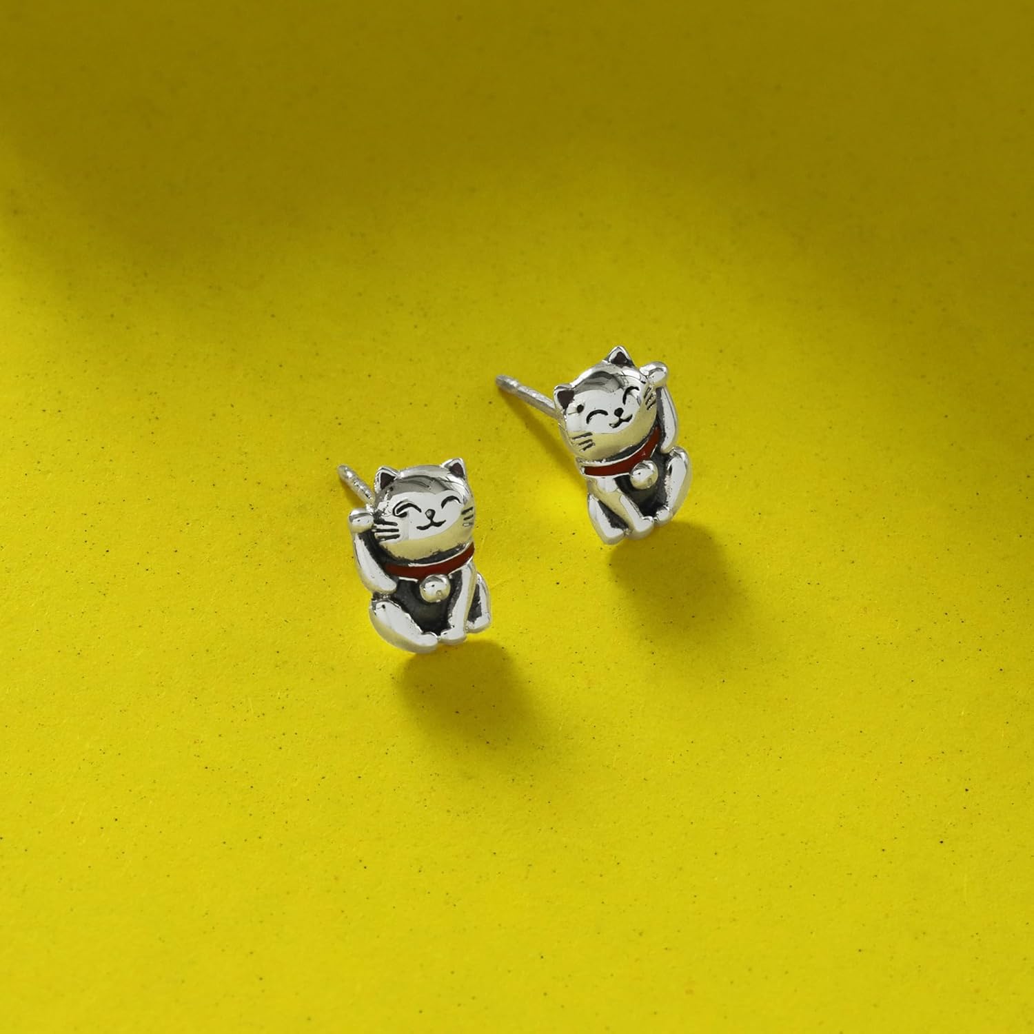 Boma Jewelry Sterling Silver Maneki Japanese Good Luck Cat Stud Earrings with Hand Painted Enamel