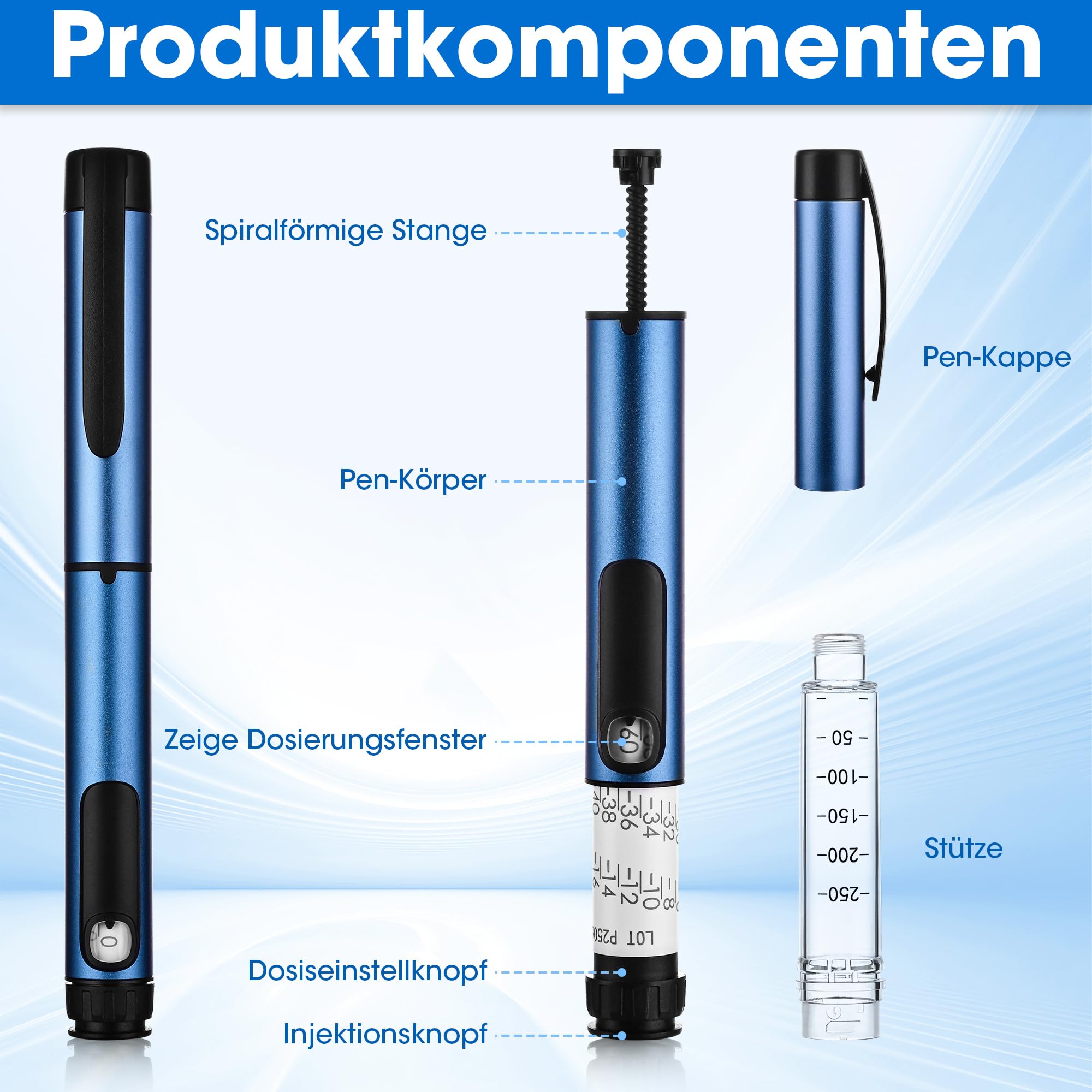 Penna per insulina da 60 unit compatibile con cartucce da 3 ml, penna dosatrice di precisione riutilizzabile con custodia per penna di insulina, V3 Peptide per uso quotidiano, leggera e portatile, blu