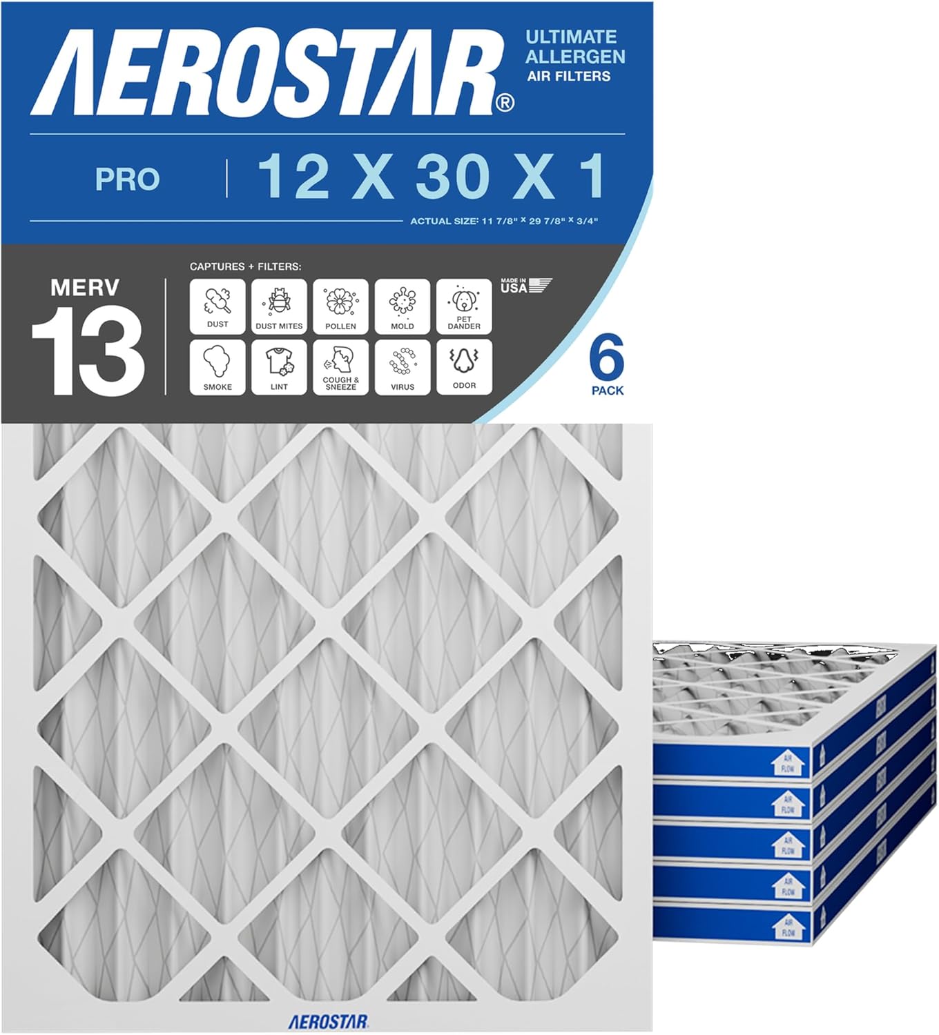 Aerostar 12x30x1 MERV 13 Pleated Air Filter, Allergen and Bacteria Defense (6 Pack), Actual Size: 11.88x29.88x0.75