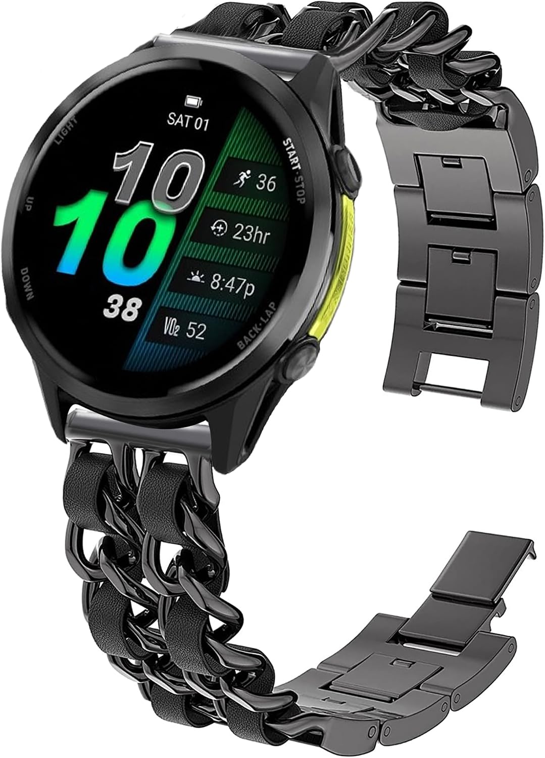 Compatible with Garmin Forerunner 970 bands, Quick Release Jewelry Chain Metal Wristband with Leather Compatible with Garmin Forerunner 970