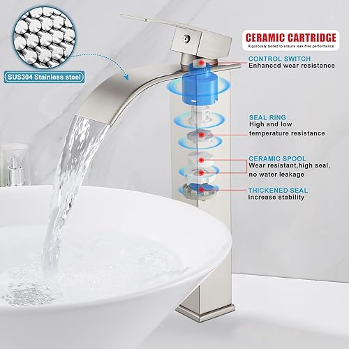 Miniatura 3 de Midanya Grifo de baño con boquilla de cascada de una sola manija, grifo de fregadero de baño de 1 agujero, grifo moderno de cascada alto para lavabo