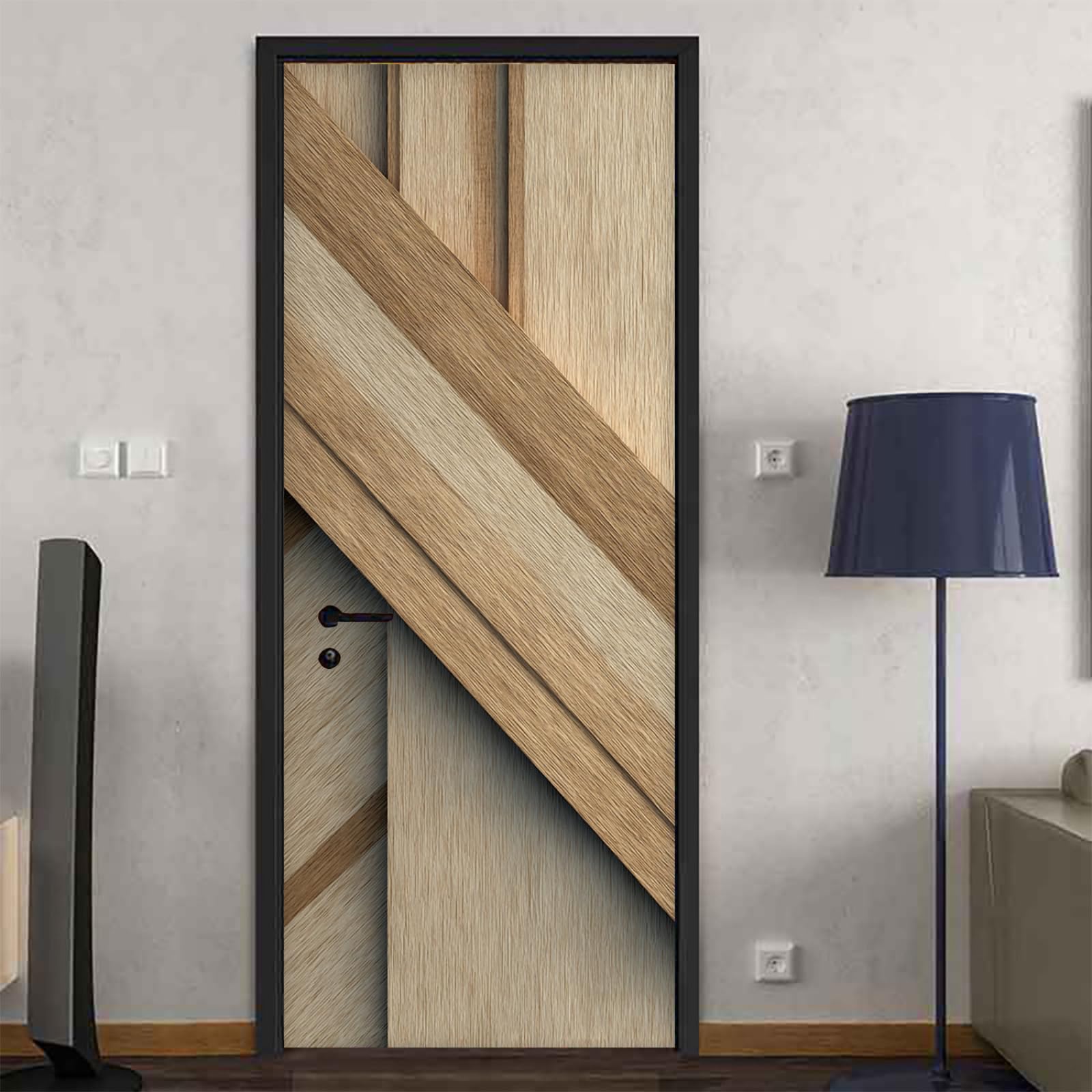 Stickers porte grain de bois beige en PVC auto-adhésif et imperméable de 2x44x200cm pour placard