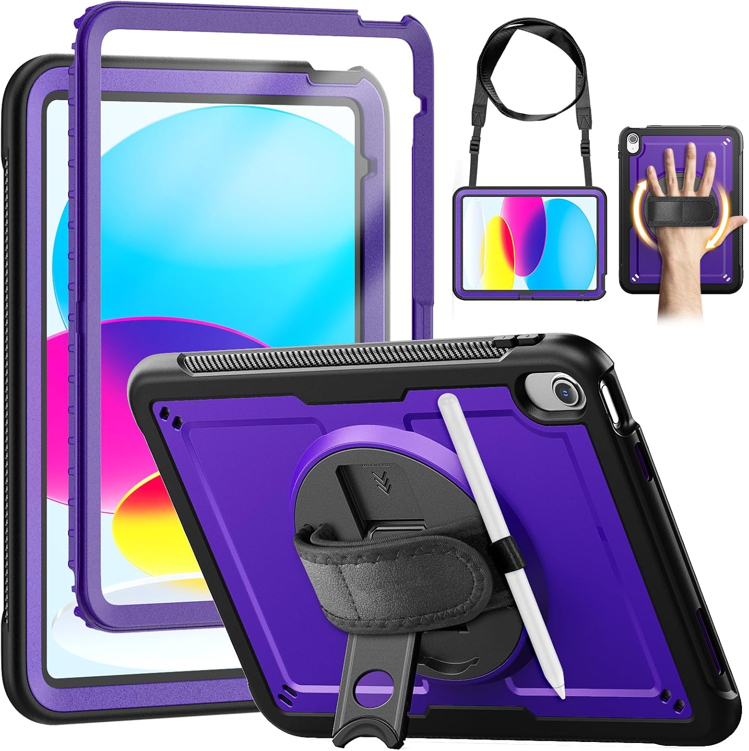 KAIJIAbox Case for iPad (A16) 11th/10th Generation 2025/2022 (11" /10.9 Inch), Full-Body Shockproof Protective Case with Screen Protector, 360° Rotating Hand Strap & Stand, Shoulder Strap, Purple