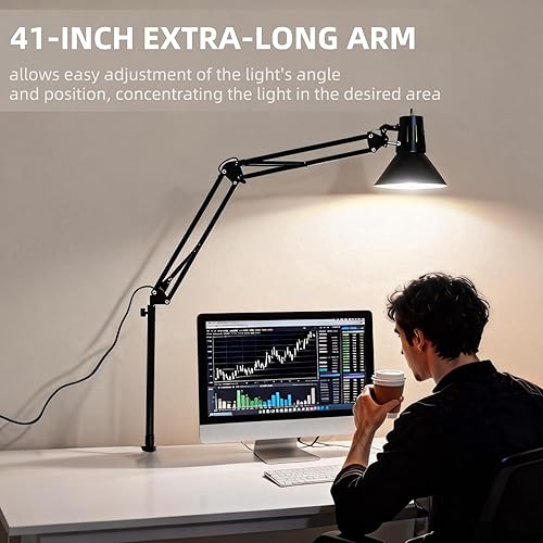 Miniatura 6 de Paquete de 2 lámparas LED de escritorio con abrazadera para oficina y hogar, luz de escritorio con brazo oscilante de metal extra alto ajustable de