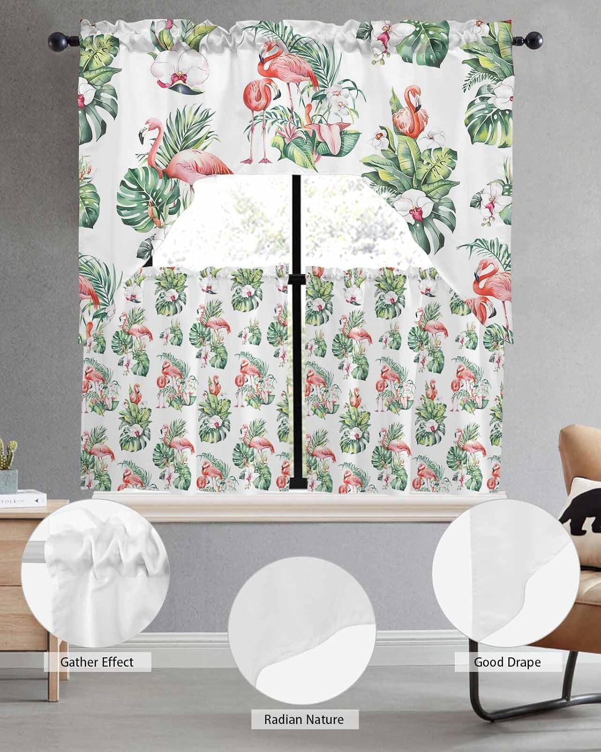 Summer Flamingos 3 Panels Kitchen Curtains Set Tropical Flowers Plants Light Filtering Swag Valance 56" W x 36" L and Tier Curtains Set 27.5" W x 24" L Rod Pocket Panel for Bedroom Bathroom