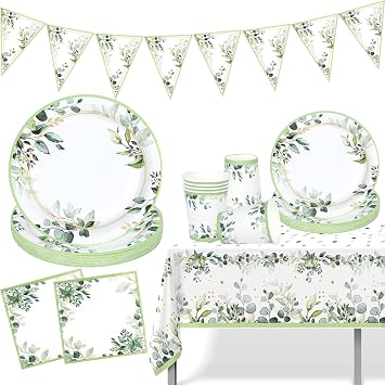 Sage Green Paper Plates Cups And Napkins With Tablecloth & Banner,Baby Shower Plates,Party Tableware For Birthday Decoration Baby Shower Safari Party Supplies