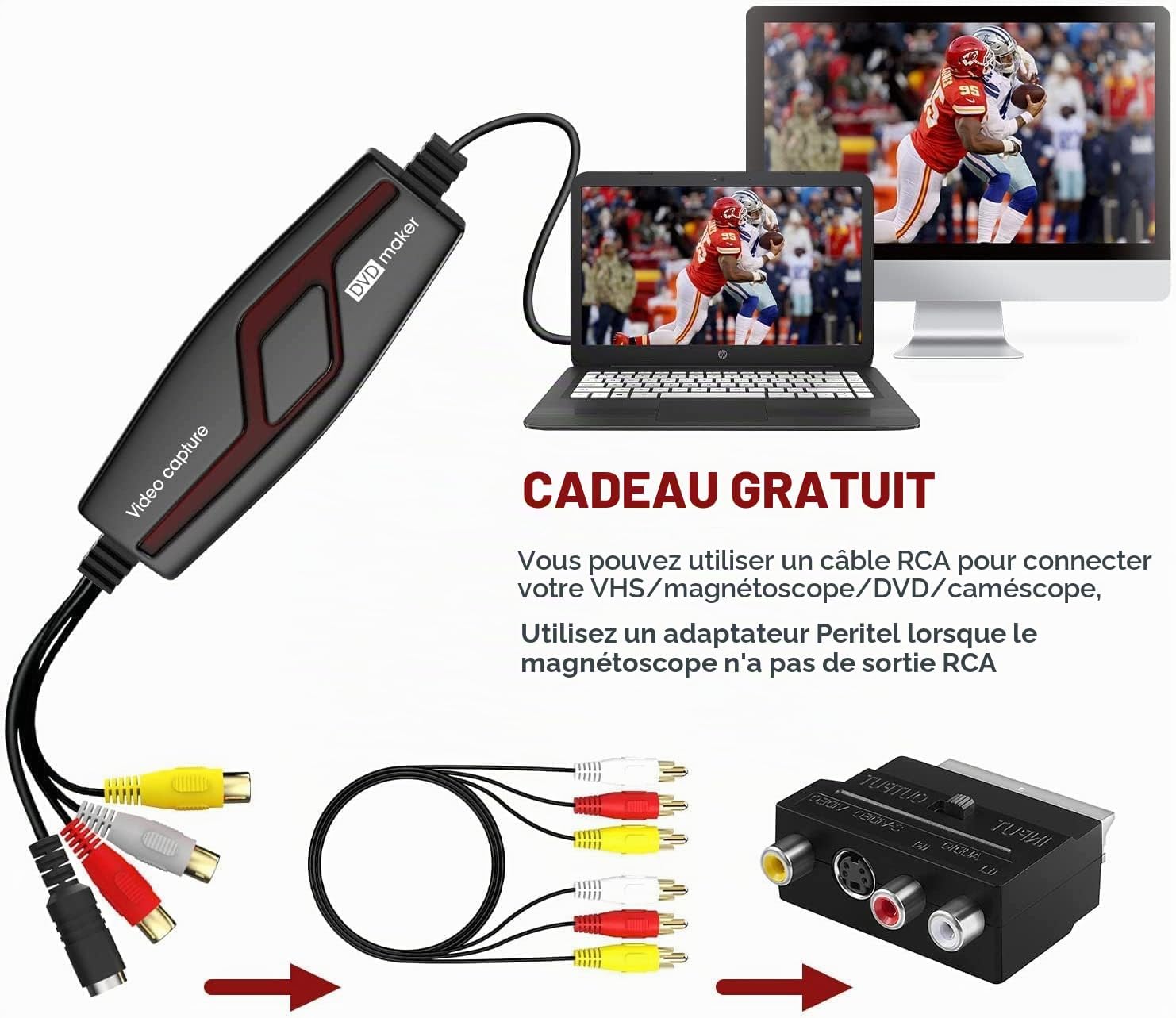 DIGITNOW! BR117 Video Capture device with included RCA cable and SCART adapter, demonstrating connection options for various analog sources.