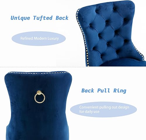 Miniatura 5 de KCC Juego de 2 sillas de comedor de terciopelo, sillas de comedor tapizadas de alta gama con anillo trasero de clavo, patas de acero inoxidable,