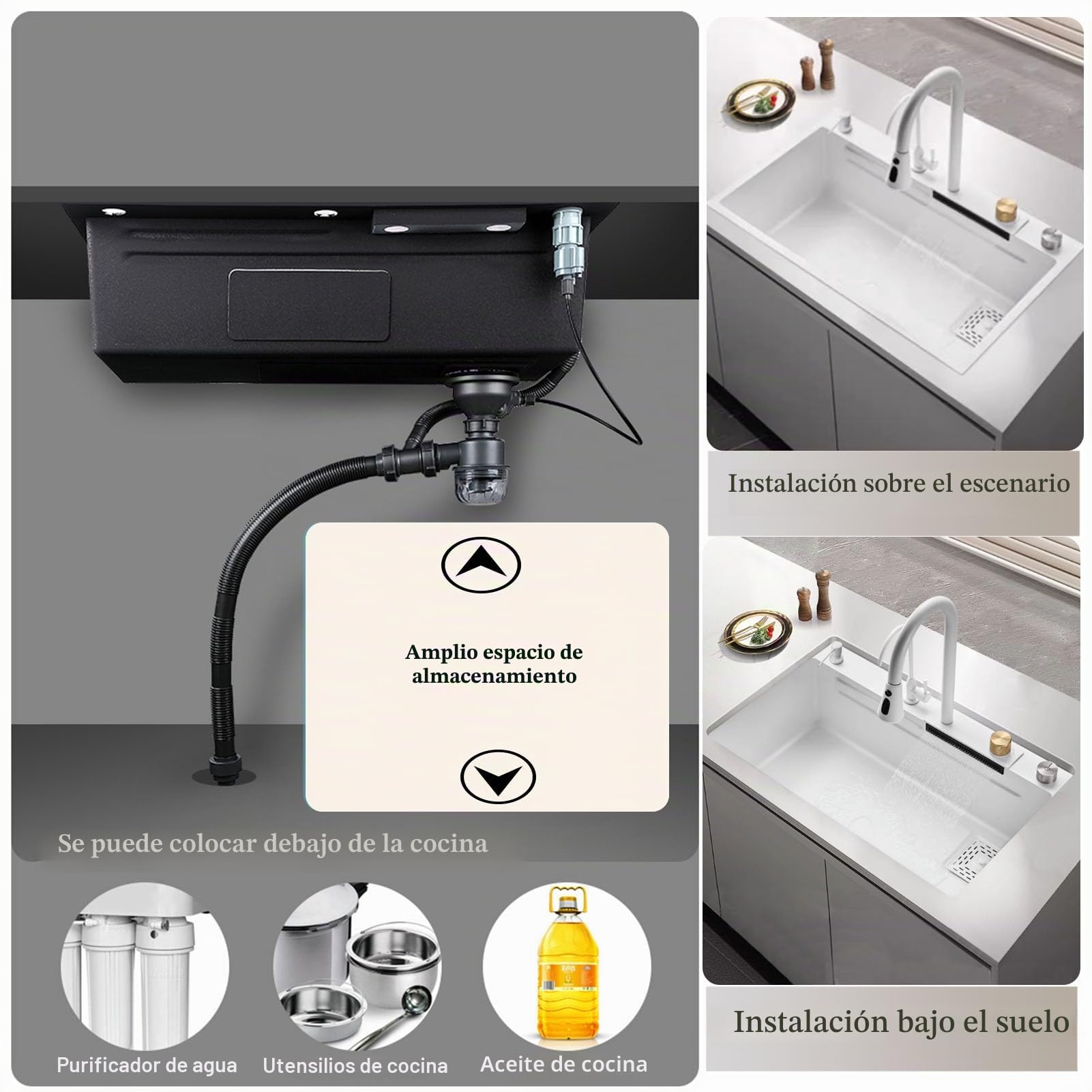 Fregadero de cocina blanco Fregadero de acero inoxidable Fregadero para el hogar Fregadero de cocina de una estación de trabajo con grifo extraíble y varios accesorios (Blanco,68 * 45 * 22CM)